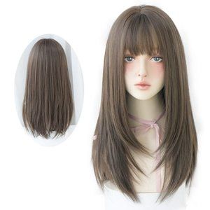 Long Brown Straight Wig with Bangs Synthetic High Density Natural Long Hair Wig